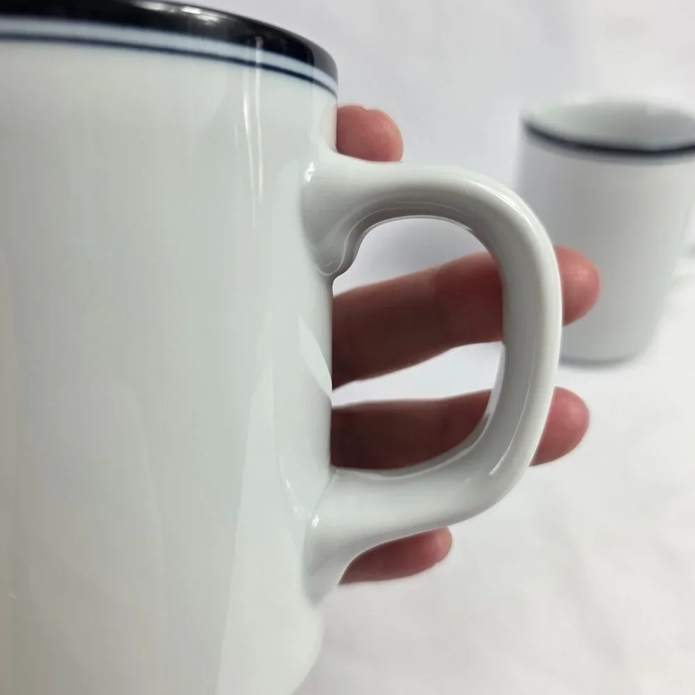 TWO Dansk Allegro Blue Mugs White with Two Blue Bands on Rim